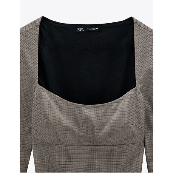 Plaid Brown Tailored Dress ZARA Square Neckline - Picture 6 of 6